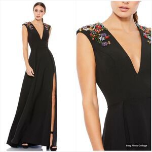 NWT Mac Duggal  Beaded Cap Sleeve V Neck Gown Dress Black 14